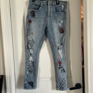 Blue Distressed Graphic Mens Jeans